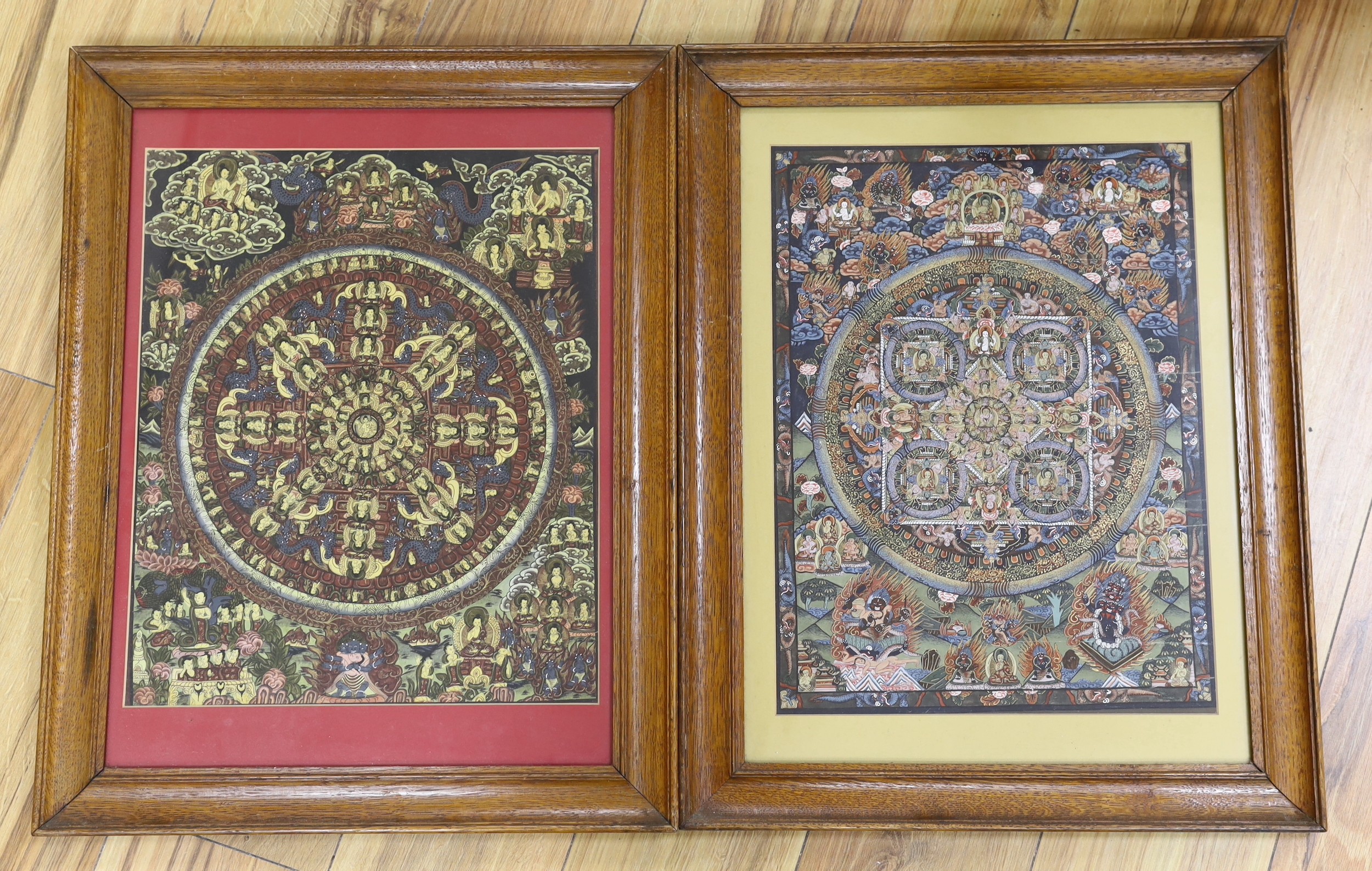 Tibetan School, two ink and gouache on fabric thangka, 42 x 34cm